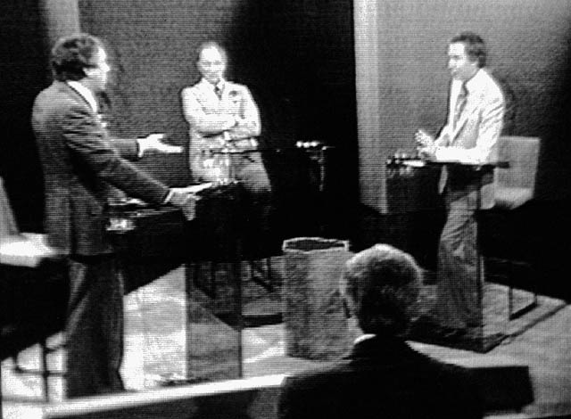NDP Leader Ed Broadbent, Prime Minister Pierre Trudeau and Progressive Conservative Party Leader Joe Clark during a televised debate during on May 13, 1979.